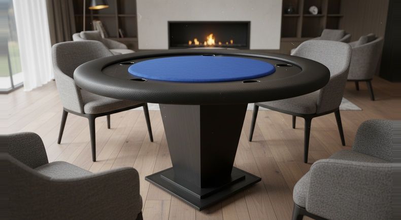Mesa de Carteado Redonda Preta com Tecido Azul e Porta Copos - R17